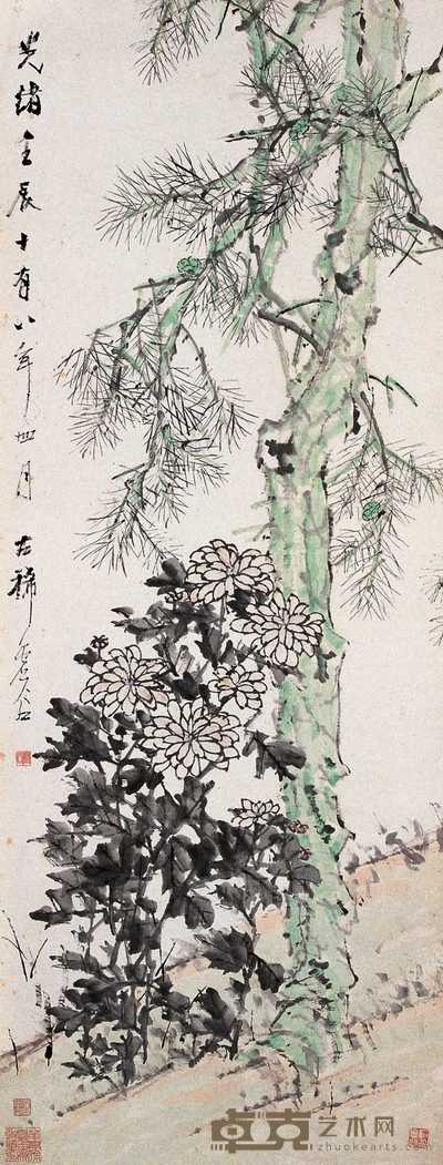 虚谷 1892年作 松菊图 立轴 132×50.4cm